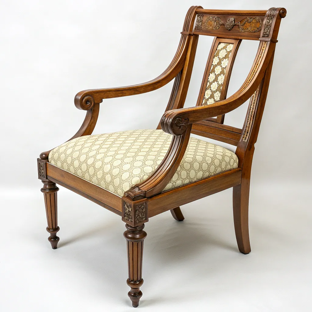 Restored antique chair with polished wood and reupholstered seat